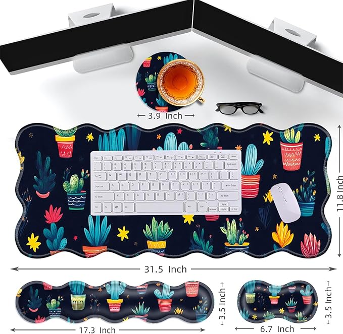 Large Gaming Mouse Pad Keyboard Wrist Rest Pad &amp Wrist Support Mousepad Set Stitched Edge Extended Non-Slip Base Memory Foam Desk Mat for Office HomeCute Cactus
