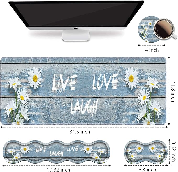 Ergonomic Keyboard Wrist Rest and Mouse Pad Wrist Rest SetDreamy Daisy Vintage Wood Board Live Laugh Love Large XXL Gaming Desk Mat 31.5x 11.8Non-Slip Base Memory FoamEasy Typing Pain Relief