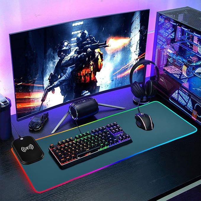 Blue Dark Mouse Pad Gaming Mousepad Non Slip Desk Mat Wireless Charging Keyboard Pad Mats RGB Computer Mouse Pads for Desktop Office Home 35.4 x 15.7 in