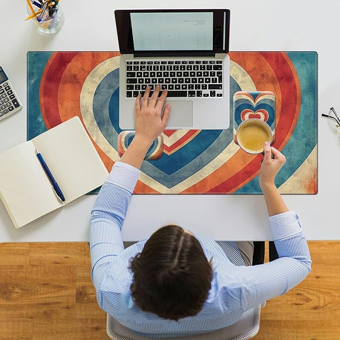Wrist Rest for Computer Keyboard Small Mouse Pad and Desk Pad Mat 23.6 x 11.8 Set Office Desk Mat Non-Slip PU Desk Mat for Computer Laptop Office Gaming and Writing Orange Blue Heart