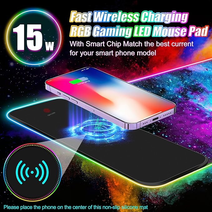 ToLuLu Wireless Charging RGB Gaming Mouse Pad 15W LED Mouse Mat with 30W Charger 14 Light Modes Large Mousepad with Wrist Support Non-Slip Rubber Base Desk Mat Computer Keyboard Pad Galaxy Nebula
