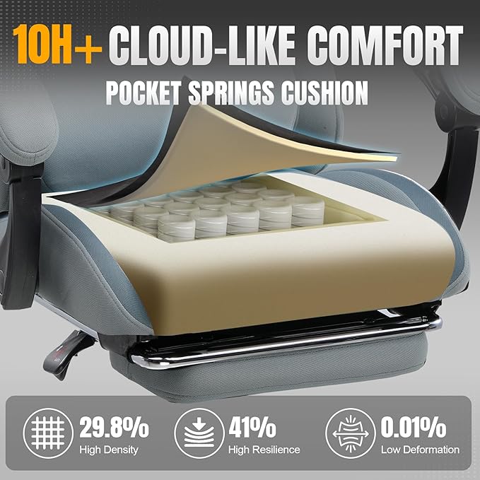 GTPLAYER Gaming Chair with Foot Rest &amp Pocket Spring Cushion Breathable Fabric for Home Office Desk Ergonomic High Back Computer Chair with Headrest &amp Lumbar Support Blue/Gray