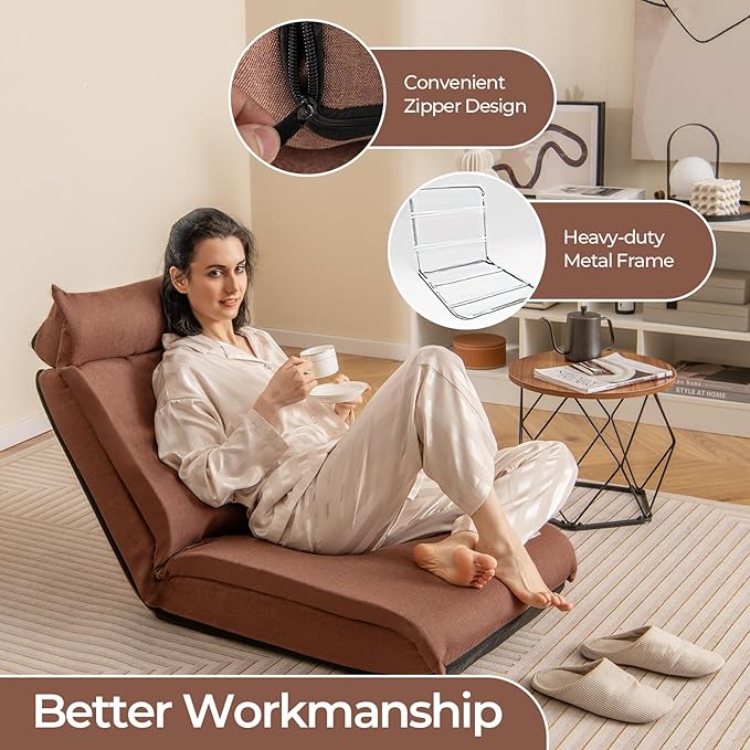 Giantex Floor Chair Floor Gaming Chair with Back Support 14-Poistion Adjustable Backrest 5-Position Adjustable Headrest Load 330 Lbs Lazy Sofa Couch Recliner for TV Reading Meditation (Brown)