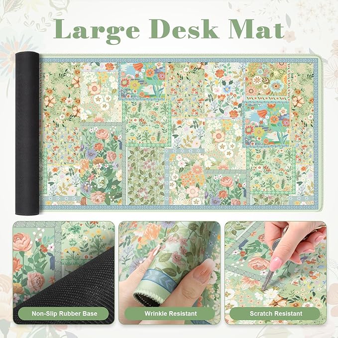 iLeadon Mouse Pad and Keyboard Wrist Rest Large Computer Desk Mat Mouse Pad Set with Wrist Pad for Keyboard Cute Green Desk Pad Mat with Non Slip Base Office Home(Floral)