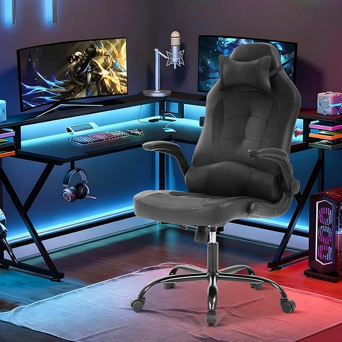 Gaming Chair Racing Chair with Lumbar Support - High Comfort PU Leather Ergonomic Office Desk &amp PC Gaming Chair for Adults Men Women - Flip-Up Arms &amp Headrest Black