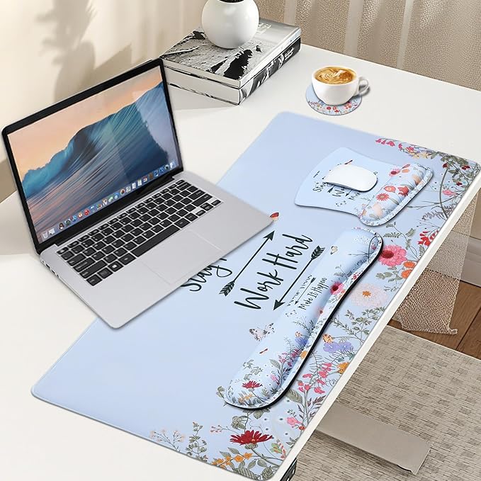 MEGREZ 4-in-1 Ergonomic Memory Foam Wrist Rest Set Desk Pad Mouse Pad with Wrist Rest Keyboard Pad Suitable for Office Workers Programmers &amp Gamers–Relieve Typing &amp Gaming Fatigue Light