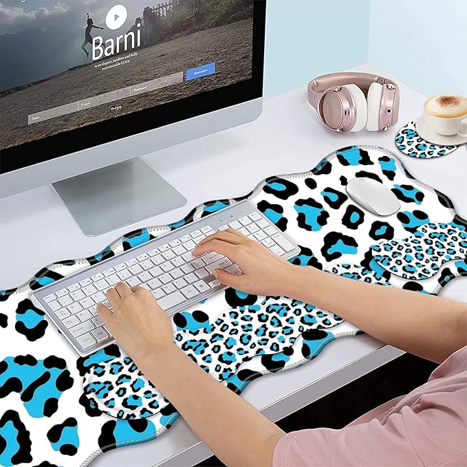 Bxgolkgd Desk Mat SetMouse Pad with Keyboard Wrist Rest &amp Mouse Wrist RestWave-Shaped DesignNon-Slip Rubber BaseErgonomic Desk Mat for HomeOfficeGamingBlue Leopard Print