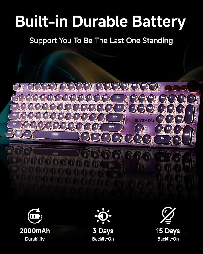 EWEADN V20 Typewriter Keyboard Wireless 104 Keys Typewriter Style Mechanical with White Backlit Media Knob Pink Switch 2.4G/Bluetooth/USB-C Wired Retro Full Size Keyboard for Windows/Mac/PC-Purple