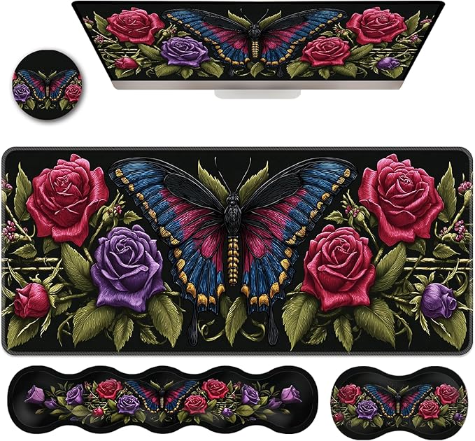 Ergonomic Keyboard Wrist Rest &amp Mouse Pad Wrist Rest SetXL Gaming Desk Mat 31.5x 11.8Non-Slip BaseMemory FoamEasy Typing Pain Relief for Office &amp HomeBlue Butterfly with Red Roses