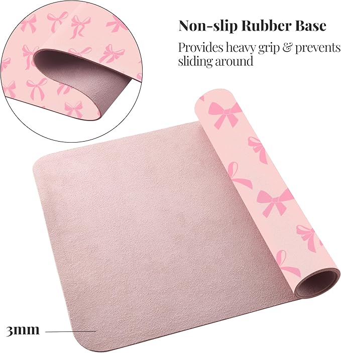Idocolors Minimalist Pink Bow Desk Mat Pink Extended Gaming Keyboard Mouse Pad Large Cute Kawaii Women Office Desk Mat Protector 31.5x15.7