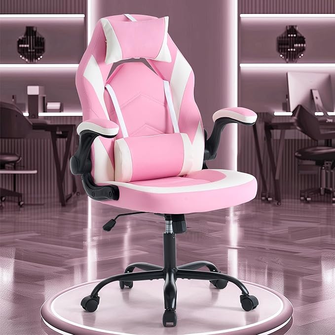 OLIXIS Computer Gaming Desk Chair - Ergonomic Video Game with Comfy Lumbar Support and headrest PU Leather with Flip-up Arms Adjustable Height and Swivel Wheels for Adults Pink