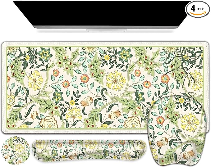 4 in 1 Large Mouse Pad Keyboard Wrist Rest Set Ergonomic Mouse Pad with Wrist Support Desk Mat with Stitched Edges Extended Desk Pad Waterproof Desk Mat for Home Office Game I Green Flower Plants