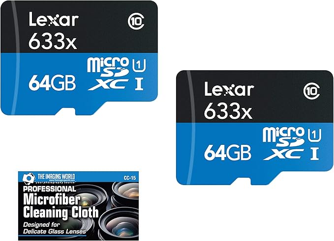 Lexar 64GB microSDXC UHS-I 633X High-Performance Memory Card - 2 Pack + Microfiber Cloth