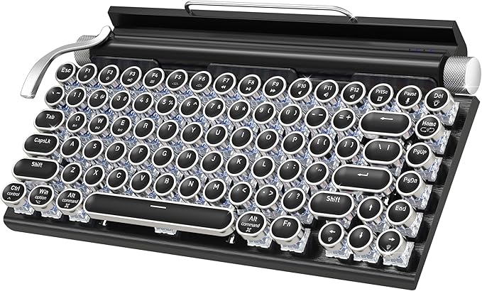 Taiahiro Retro Typewriter Mechanical Keyboard Wireless Bluetooth 5.0 LED Backlit Office Computer Keyboards with 83-Key Clicky Blue Switches Vintage Design for PC/Laptop/Mac/Pad/Phone/Gaming Black