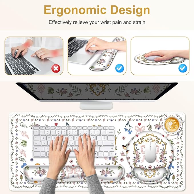 White Florals Mouse Pad XXL Large Desk Mat Extended Nature Aesthetic Desk pad 4 PCS Non-Slip Rubber Base Computer Big Mousepads for Work Game Office Home Decor I Weeds Vintage Birds