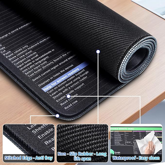 Google Sheet Shortcut Mouse Pad Large Mousepad for Google Excel Spreadsheet Extended Gaming Pad for Desk 31.5”x11.8” Waterproof Anti Slip Keyboard Pad with Google Sheet Shortcuts (Mac)
