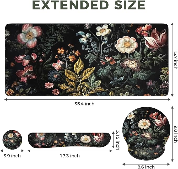 iCasso Desk Cover Mat 4in1 Floral Large Mouse Pad with Wrist Rest Desk Matt for Desktop Anti-Slip XXL Big Computer Ergonomic Mousepad with Wrist Support for Keyboard and Mouse (Elegant Flowers)