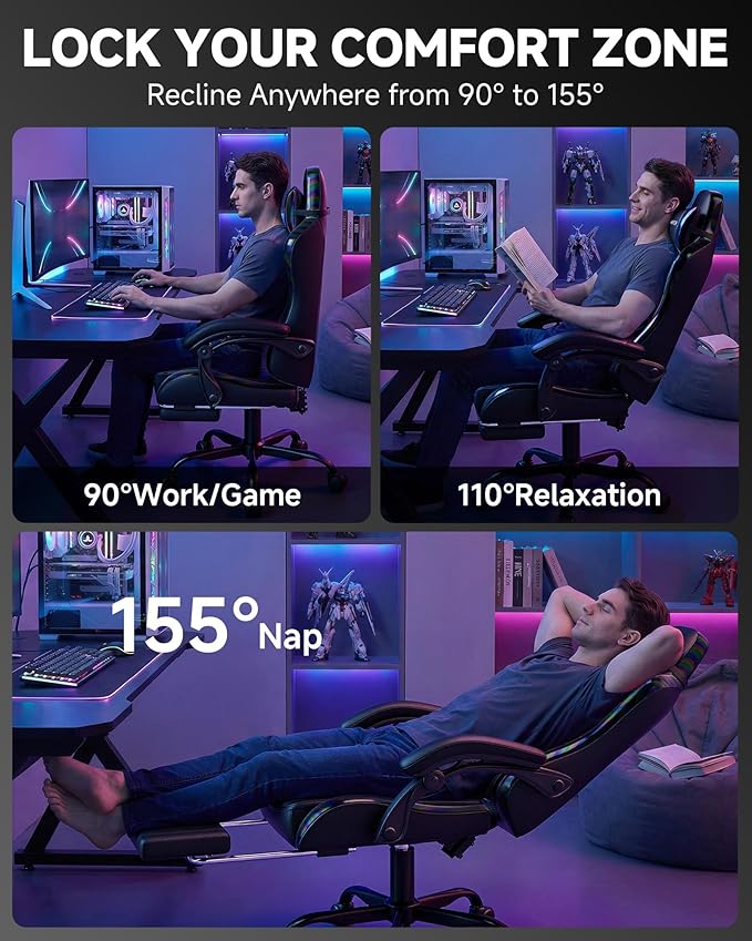 GTPLAYER Gaming Chair for Adults Ergonomic Computer Gaming Chair with Footrest Height Adjustable 90-155° Recline &amp Removable Headrest Lumbar Support Colorful Black