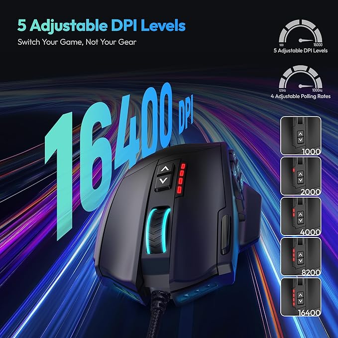 RED SAMURAI Wired Gaming Mouse MMO Gaming Mouse 16400DPI 18 Macro Programable Buttons Ergonomic RGB Wired Mouse with 12 Side Buttons Weight Adjustable Stable Grip Compatible for MMO/FPS/MOBA