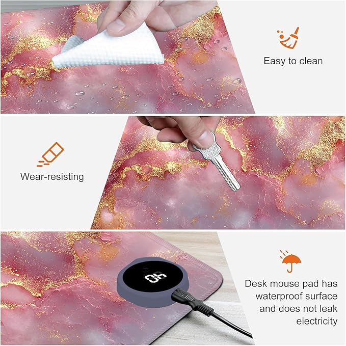 Heated Mouse PadWarm Desk Pad with 3 Levels Heating &amp 3 Hours Auto Shut-Off PU Leather Heated Desk Pad Warmer Pad for Home Office - 23.6 x 14.2 inchPink Gold Marble