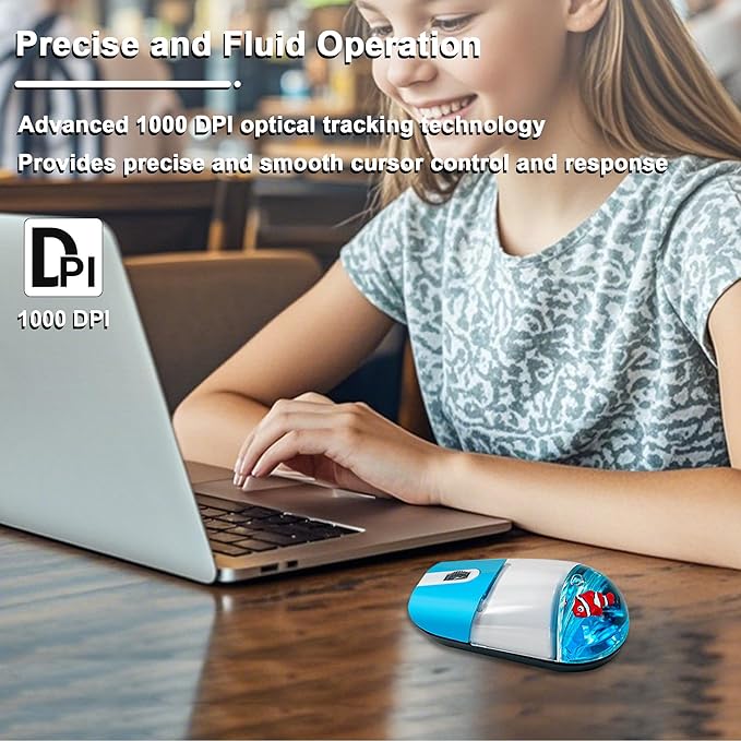 Wireless Mouse with Liquid Water Section &amp Floater Animal Portable Retro Silent Cute Aqua Mouse with USB Receiver Lightweight 1000DPI Optical Clear Water Mice for Laptop PC Computer (Blue Clownfi