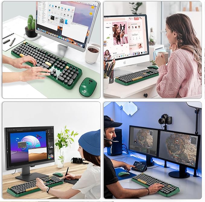 FOPETT Wireless Keyboard and Mouse Combo 104 Keys Full-Sized 2.4 GHz Round Keycap Colorful Keyboards USB Receiver Plug and Play for Windows Mac PC Laptop Desktop (Black Green)