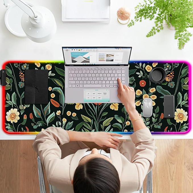 RGB Floral Gaming Desk Mat Computer Keyboard Large Extended Long Flower Plants LED Mouse Pad for Office and Home XL (W19)