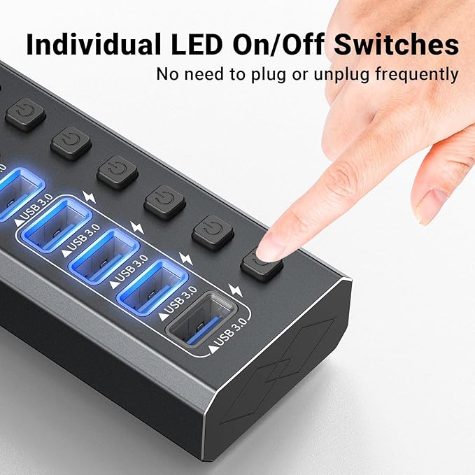 Powered USB Hub 3.0 GKEAPZA 7-Port USB 3.0 Hub [Durable Aluminum] 7 Data Transfer Ports+ 4 Smart Charging Ports with Individual On/Off Switches USB Hub 3.0 Powered with Power Adapter for Laptop PC