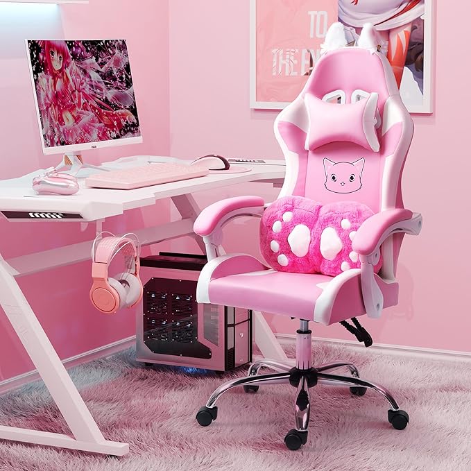 ALEAVIC Pink Gaming Chair with Cat Paw Lumbar Cushion and Cat Ears Reclining PC Game Computer Chairs Ergonomic Gamer Chair for Kids Girls Teens
