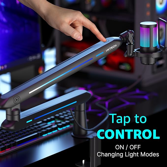 IXTECH RGB Low Profile Boom Arm for Mic Adjustable Microphone Arm Stand with Desk Mount Clamp Rotatable Microphone Boom Arm Mic Stand with Cable Management for Podcast Streaming Gaming Studio.