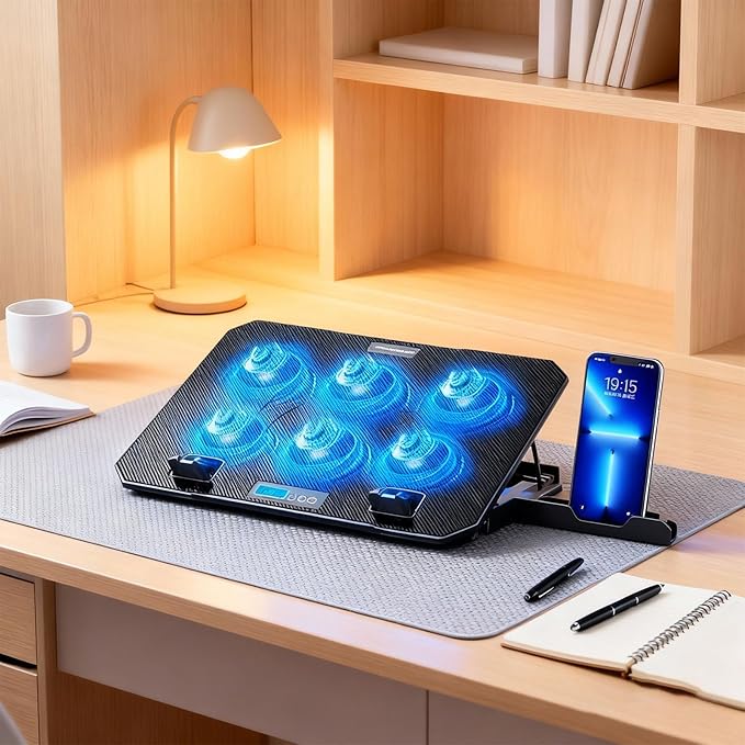 6 Quiet Fan Laptop Cooling Lighting Adjustable Foldable Cooling Pad LED Light Fan with 2 USB Port Phone Holder Travel Accessory