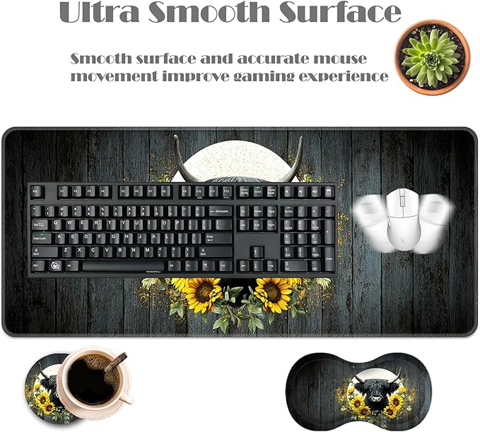 Ergonomic Keyboard Wrist Rest &amp Mouse Pad Wrist Rest SetXL Gaming Desk Mat 31.5x 11.8Non-Slip BaseMemory FoamEasy Typing Pain Relief for Office &amp HomeHighland Cow Sunflowers