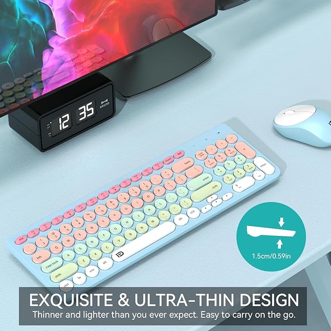 FD Wireless Keyboards and Mouse Combo - 2.4GHz USB Cordless Cute Wireless Keyboard Round Keys Quiet and Slim Set for Laptop Computer TV and Mac - Blue Pale Green Colorful