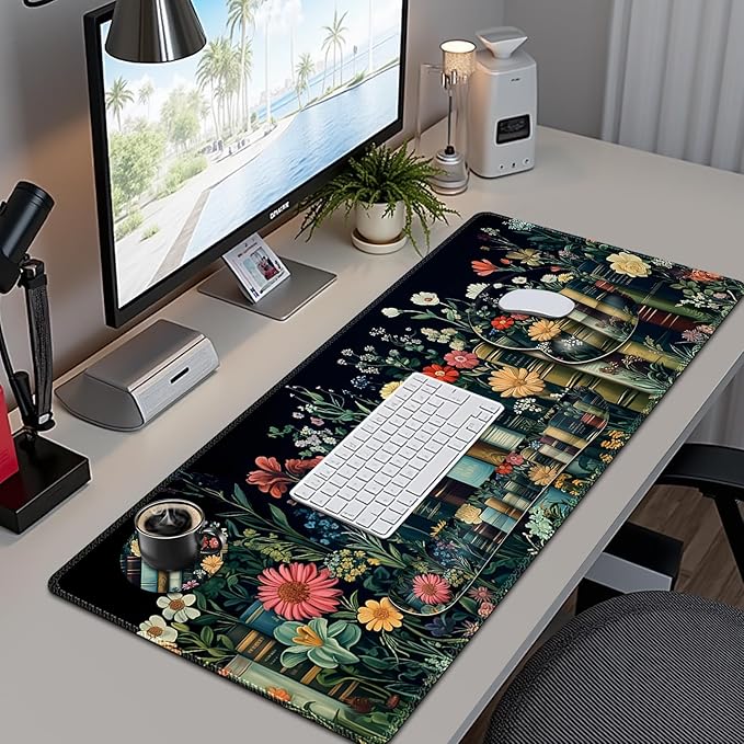 Wildflowers Mouse Pad Large Desk Mat Extended Nature Botanical Aesthetic Deskpad 4 PCS Non-Slip Rubber Base Computer Mouse Pads for Work Game Office Home Decor Gifts I Floral Plants Books