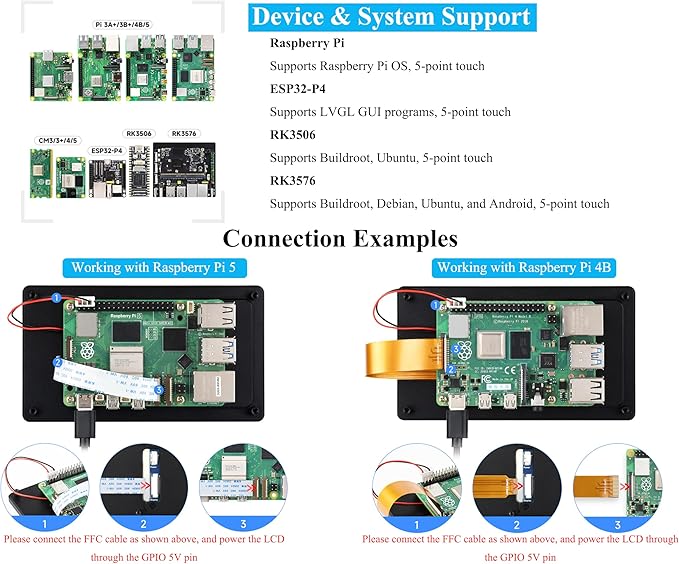 5inch DSI Capacitive Touch Screen Compatible with Raspberry Pi 5/4B/3B+/3A+/CM5/CM4 3+/ ESP32-P4 720 x 1280 IPS Display Optical Bonding Toughened Glass Panel 5-Point Touch Aluminum Alloy Case
