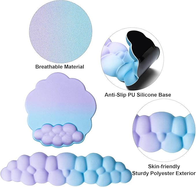 OUEST Cloud Wrist Rest Keyboard and Mouse Pad with Cute Ergonomic Memory Foam Non-Slip PU Base for Computer Mac Laptop Office Gaming-Purple/Cyan