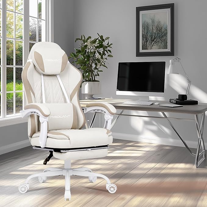 Misolant Gaming Chair Fabric Gamer Chair with footrest for Adults High Back Ergonomic Computer Game Chair with Adjustable Headrest and Massage Lumbar Support 90-155° Recline Free Beige