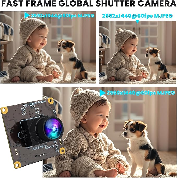 ELP 5MP Global Shutter 50fps USB Camera Module for Computer UVC USB2.0 Lightburn Cam for Laser Engraver High Speed 60fps PC Camera Wide Angle Webcamera for Live Streaming (100°Low Distortion Lens)
