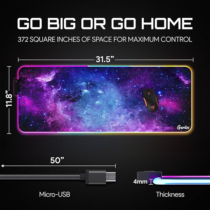 Gerlos RGB Large Gaming Mouse Pad Extended Soft LED Mouse Pad Non-Slip Rubber Base Water Resist Keyboard Pad Computer Mousepad 31.5×11.8 inches