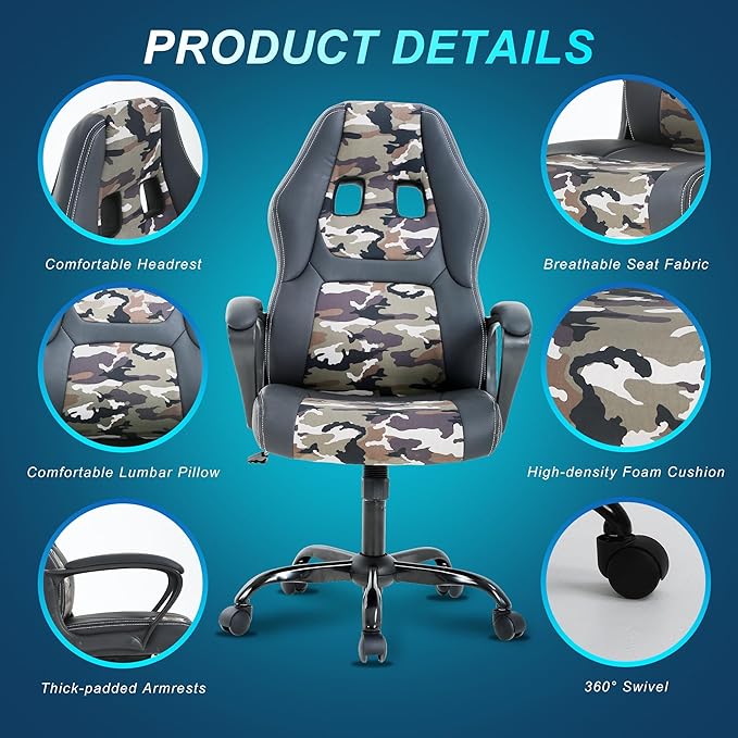 Video Gaming Chair Ergonomic Office Chair Computer Chair Leather Desk Chair Racing Chair Comfy Massage Chair Rolling Chair Silla Gamer Chair Cheap Gaming Chairs for Adults and Kids Camo Chair