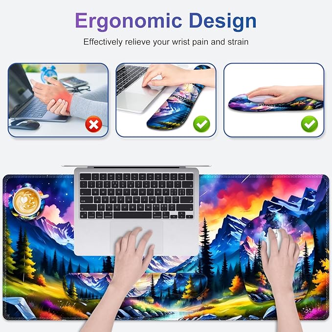 4 in 1 Large Mouse Pad Keyboard Wrist Rest Set Ergonomic Mouse Pad with Wrist Support Desk Mat with Stitched Edges Extended Desk Pad Waterproof Desk Mat for Home Office Game I Landscaping Mountain