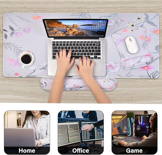 MEGREZ 4-in-1 Ergonomic Memory Foam Wrist Rest Set Desk Pad Mouse Pad with Wrist Rest Keyboard Pad Suitable for Office Workers Programmers &amp Gamers–Relieve Typing &amp Gaming Fatigue Pink F
