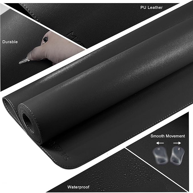 Mydours Extra Large 59 x 24 PU Leather Desk Pad Desk Mat for Keyboard &amp Mouse Premium Office Desk Protector with Stitched Border Waterproof Surface for Home Office &amp Gaming Setup (Black)