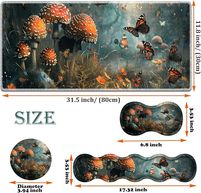 Large Gaming Mouse Pad + Keyboard Wrist Rest + Wrist Support + Coaster Set Memory Foam Ergonomic for Easy Typing XXL Extended Gaming Mouse Pad Table Pad - Mushroom Forest Butterfly