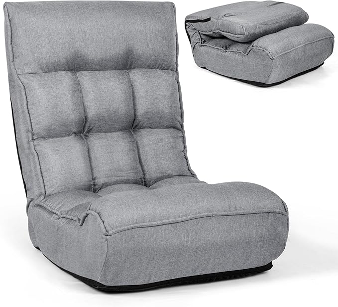 Moccha Folding Floor Chair Adjustable Sofa Chair with 5-Position Headrest &amp 4-Position Backrest Floor Gaming Chairs with Thicken Cushion Padded Chaise Lounge for Bedroom Living Room Gray