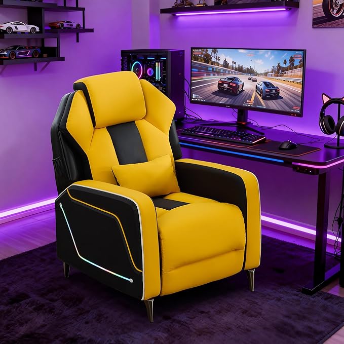 Gaming Recliner Chair with LED Lights Racing Style PU Leather Gaming Recliner for Adults Ergonomic Push-Back Recliner with Lumbar Pillow Home Theater Seating with Side Pockets Yellow