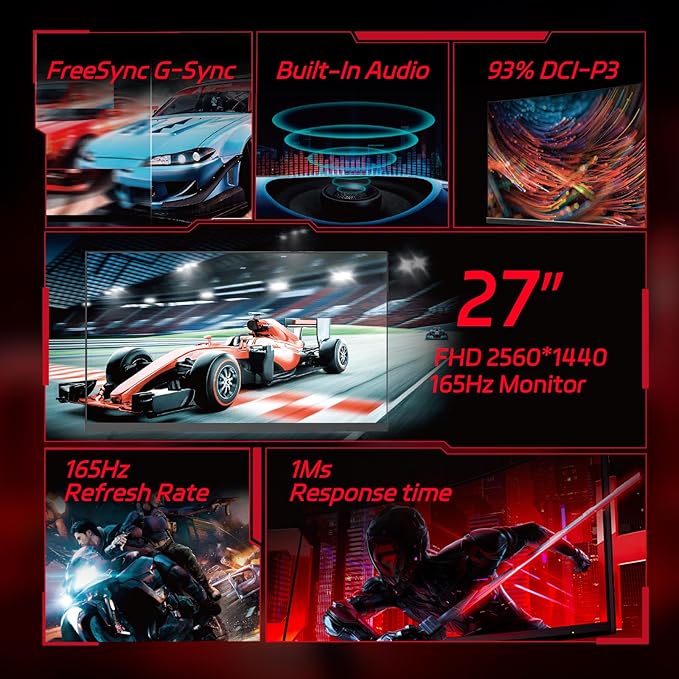 27 1440P QHD Curved Gaming Monitor – 165Hz 1ms 1800R Curve FreeSync/G-Sync Compatible Eye Protection Slim Bezel HDMI/DP Ports Height Adjustable VESA Stand