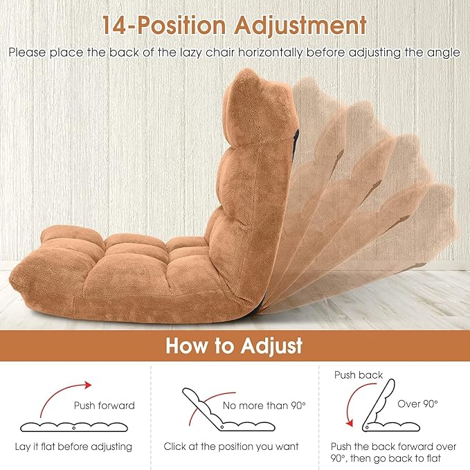 14-Position Lazy Sofa Chair with Soft Coral Fleece Folding Gaming Chair Couch Recliner Floor Seat for Reading Meditating Yoga (Tan)