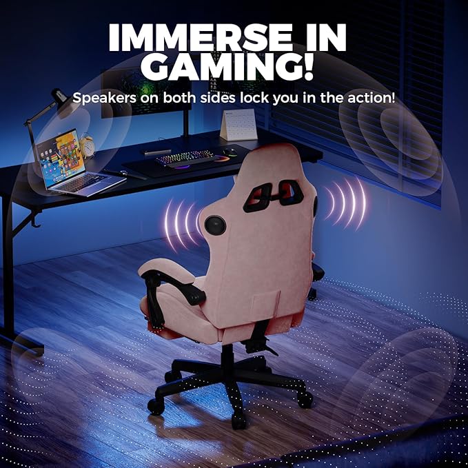 GTPLAYER ACE-PRO Music Gaming Chairs – Built-in Speakers App Support &amp Bluetooth Control Computer Game Chairs with Footrest for Adults Ergonomic Reclining Silla Linkage Armrest Pink 【Velvet】