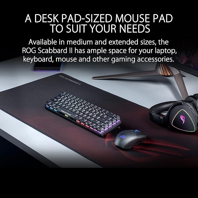 ASUS ROG Scabbard II Gaming Mouse Pad – 14.2” x 10.2” (Medium Size) Smooth Glide Surface Water/Oil/Dust-Resistant Anti-Fray Edges Non-Slip Base - Black